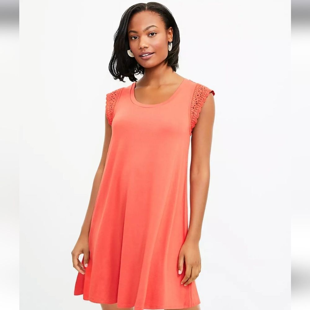 LOFT Crochet Sleeve Shift Dress Red‎ Coral Women's Small